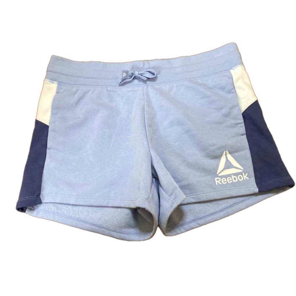 Women's Reebok Shorts Tie Waist Light Blue With Navy & White Stripe Size Large